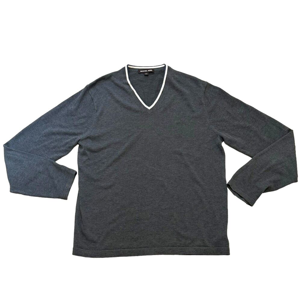 Michael Kors Men's Size Large Sweater 100% Cotton Dark Gray V-Neck Tight Knit